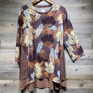 LOGO Lori Goldstein Tunic Top Size XL Chiffon Ruffle Multicolor Leaf Pattern